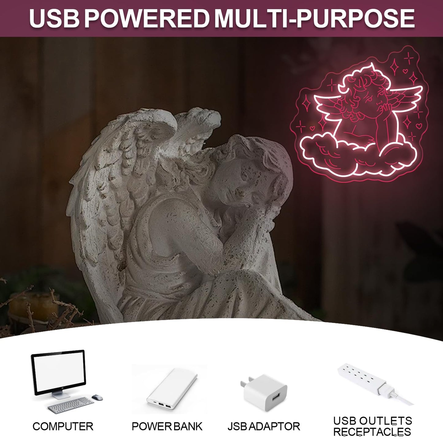 Cherub Neon Sign Valentine Cupid Arrow Neon Light Children's Bedroom Led Neon Lights for Light Up Signs for Nursery Baby welcome Ceremony Home Club Wedding Birthday Gender Reveal Party-13.4"