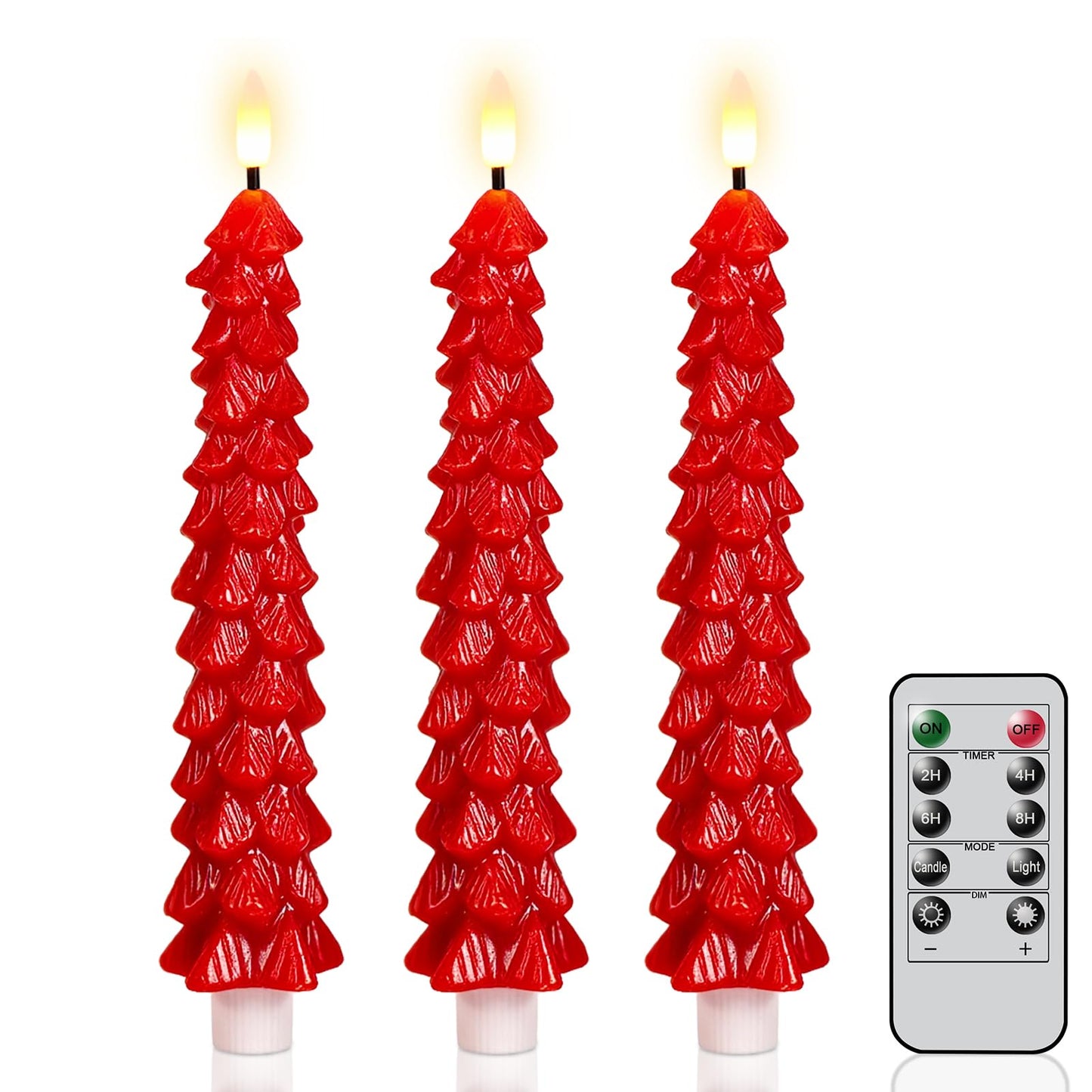 KunSwenn Christmas Tree Candles Battery Operated, Red Christmas Flameless Taper Candles with Remote Timer, Set of 3 Waxy 9.8 Inch LED Tree Candlesticks for Xmas Home Holiday Window Winter Decor