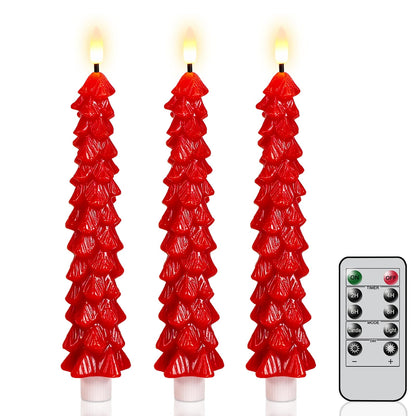 KunSwenn Christmas Tree Candles Battery Operated, Red Christmas Flameless Taper Candles with Remote Timer, Set of 3 Waxy 9.8 Inch LED Tree Candlesticks for Xmas Home Holiday Window Winter Decor