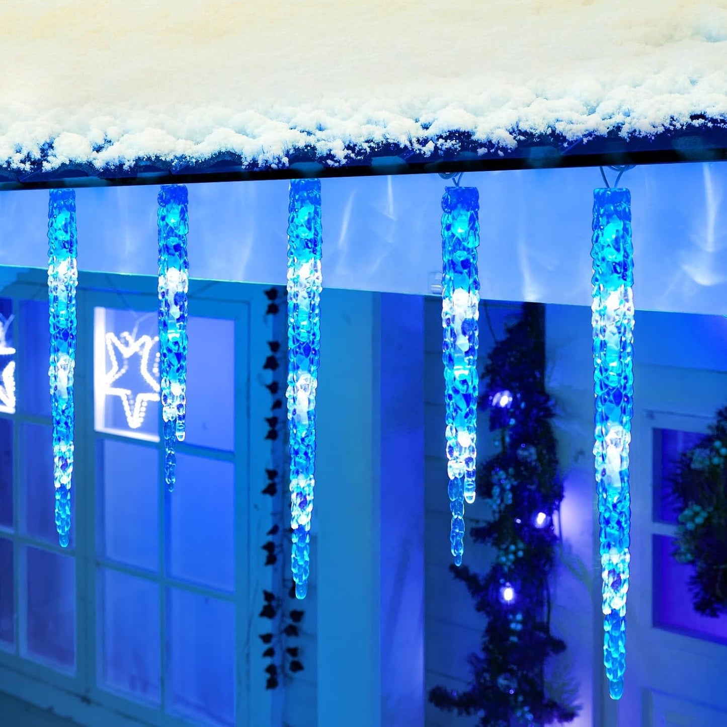 Brightown Icicle Lights for Outside with Remote, 20ft 100 LED 20 Tubes Connectable Ice Shape Hanging Christmas Lights for Tree Patio Roof Holiday Decor, Blue and White