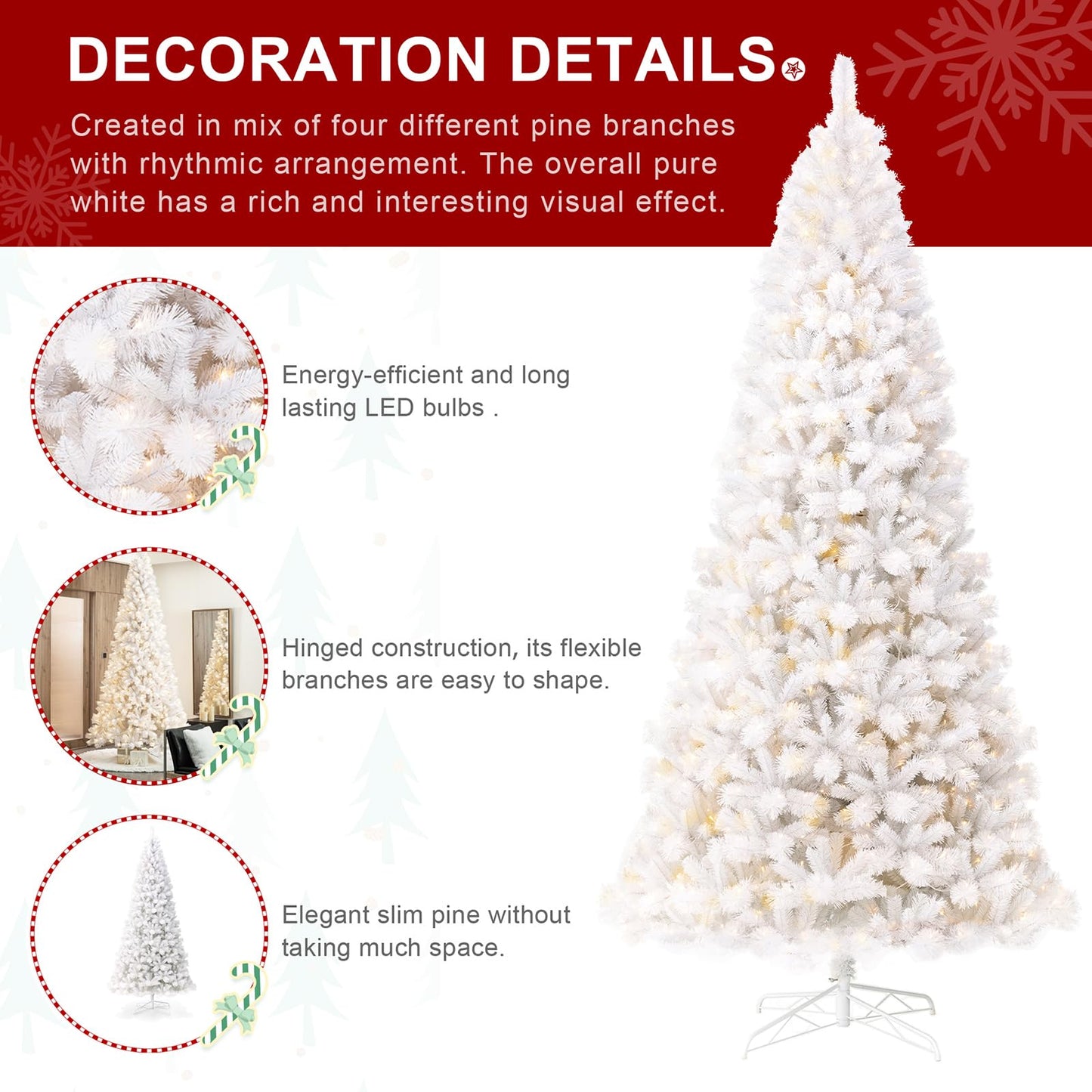 Glitzhome 10ft Pre-Lit Slim Artificial Christmas Tree, Aspen Frostfall Pine Hinged Holiday Xmas Tree with Foldable Metal Stand, 800 Warm White Lights, Ideal for Home, Office, Party Decoration