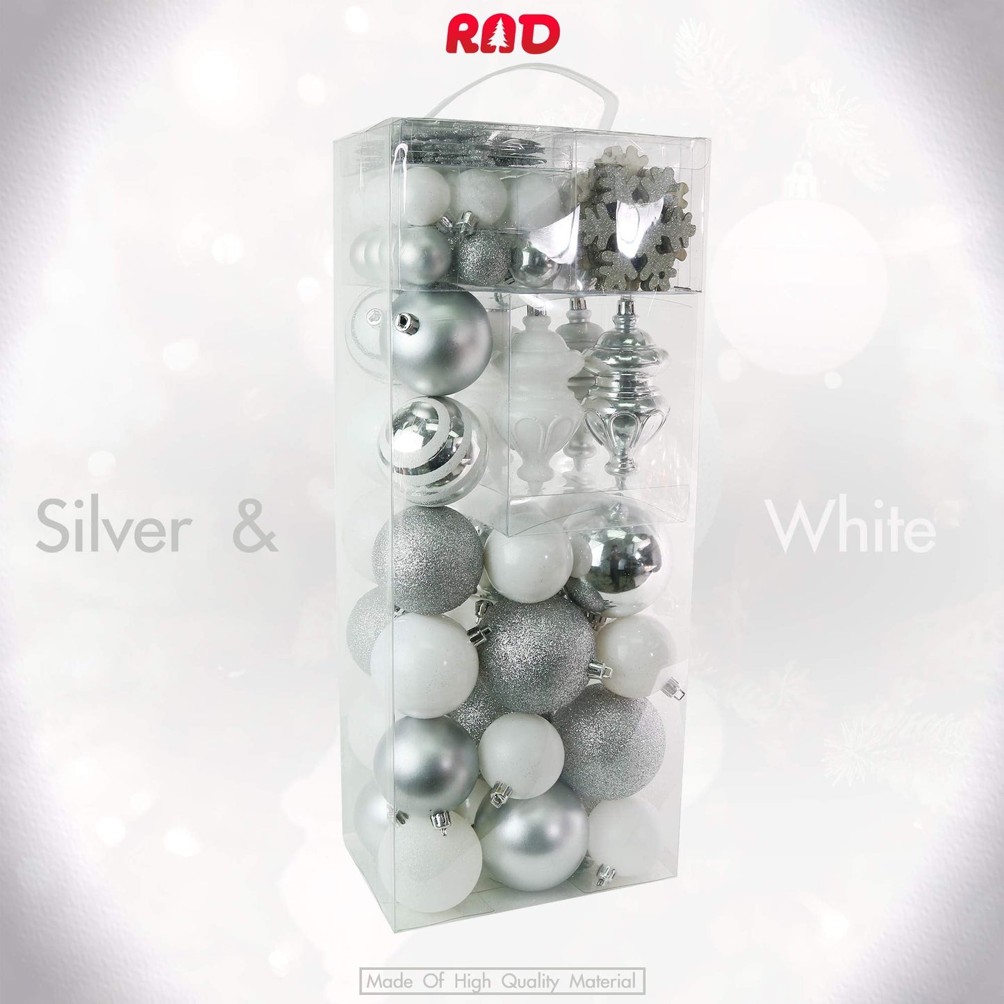 RN'D Christmas Snowflake Ball Ornaments - Christmas Hanging Snowflake and Ball Ornament Bulk Assortment Set with Hooks - 76 Xmas Ornaments and Hooks (White & Silver)