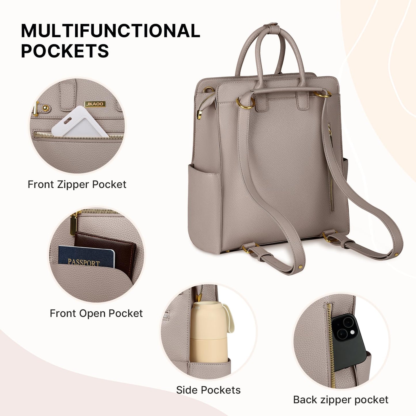 JKAOO Backpack Purse for Women PU Leather Travel Backpack, 4 in 1 Designer Convertible Backpack Purse with Removable Strap (Beige)