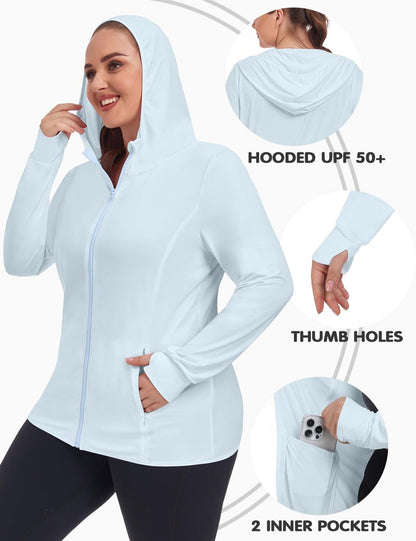 COOTRY Women's Plus Size UPF 50+ Sun Protection Jacket Lightweight Long Sleeve Zip Up Hoodie Cooling Sun Shirt Hiking Workout Light Blue 3XL