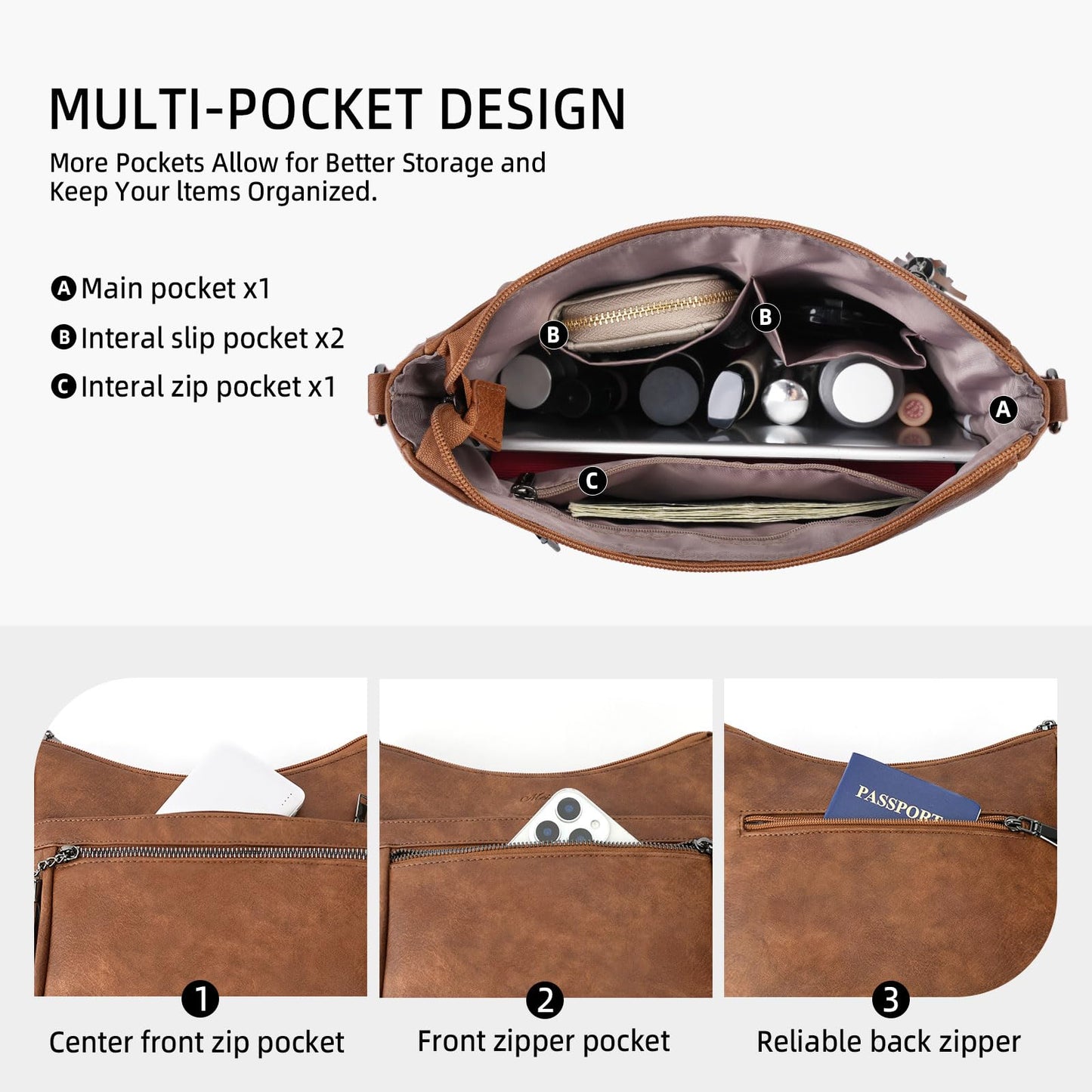 MEITRUE Crossbody Bags for Women Trendy,Vegan Leather Medium Hobo Purse with Tassel Lightweight Shoulder Handbags Multi Pockets Travel Purses Adjustable Strap Brown