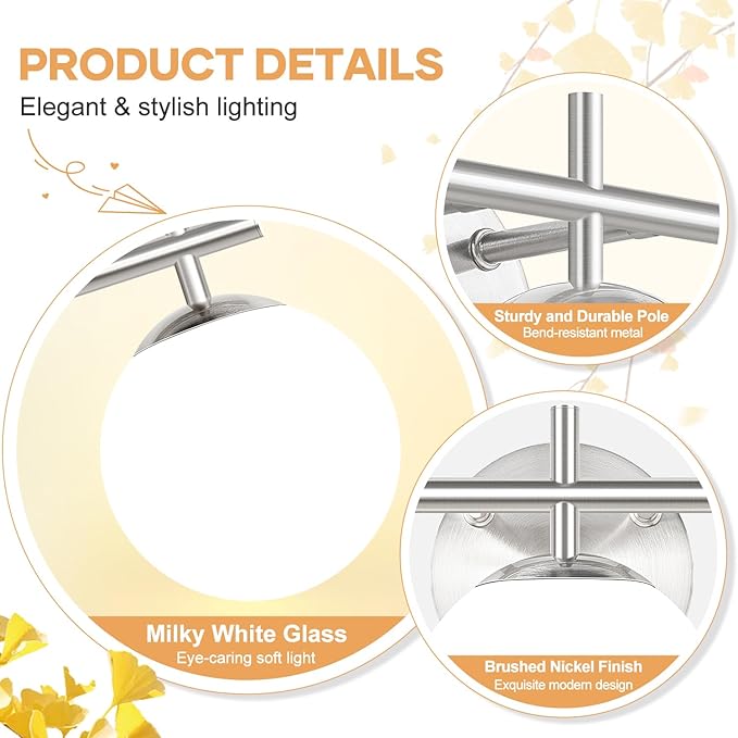 3-Light Bathroom Light Fixtures, Brushed Nickel Vanity Lights for Bathroom with Milky White Ball Shades, 18.9 inch Bathroom Lighting Fixtures Over Mirror, Wall Sconce for Bedroom (Exclude G9 Bulb)