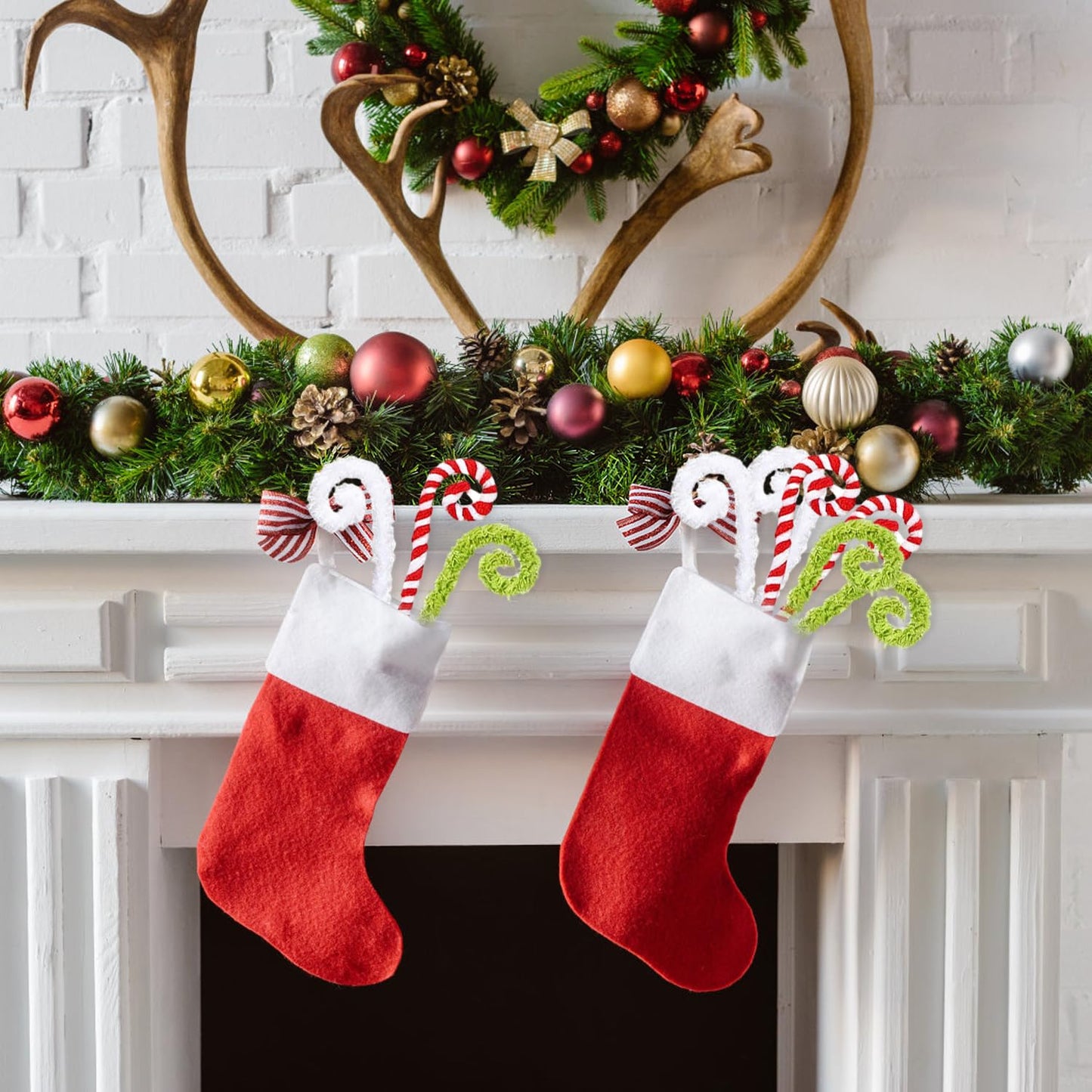 Christmas Tree Picks 6 Pcs Candy Cane Christmas Decorations 16" Xmas Tree Topper Elf Pick Red Green and White Woolen Curly Lollipop Pick Large Ornaments for Xmas Tree Filler, Wreath, Vase Home Decor