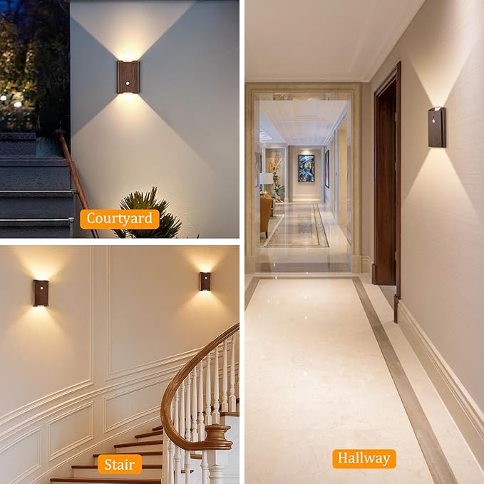 Motion Sensor Wall Lights Wood - Decor Light Battery Operated LED Light Indoor Set of 2 Rechargeable Light Easy Installation, Gifts for Tenant New Home Apartment RV(Wood 2pcs)