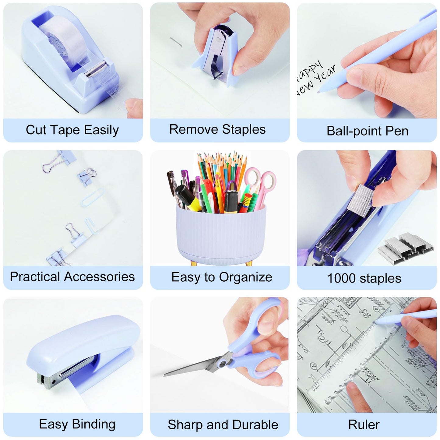 Gawsey Blue Desk Organizers and Accessories Set with 360-Degree Rotating Pen Holder, Tape Dispenser, Stapler, Staple Remover, 1000 Staples, Tape, Clips Set, Ruler, Scissor, Pen