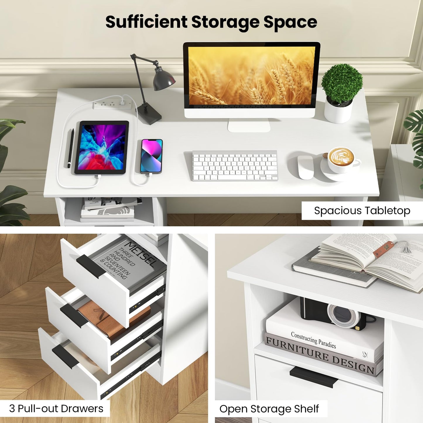Tangkula White Desk with 3 Drawers & Charge Station, Home Office Desk with Open Shelf, Study Writing Desk, PC Desk Computer Workstation, Modern Computer Desk for Bedroom, Study