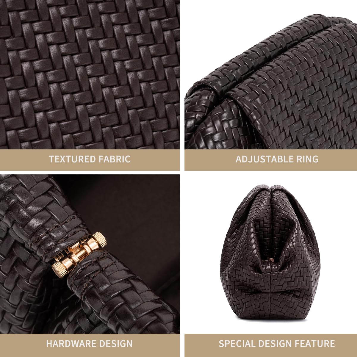 PHILOMENA Women's Woven Evening Bag Vegan Leather Clutch Purse Dumpling Ruched Bag Party Wedding Elegant Handbags (Coffee Woven)