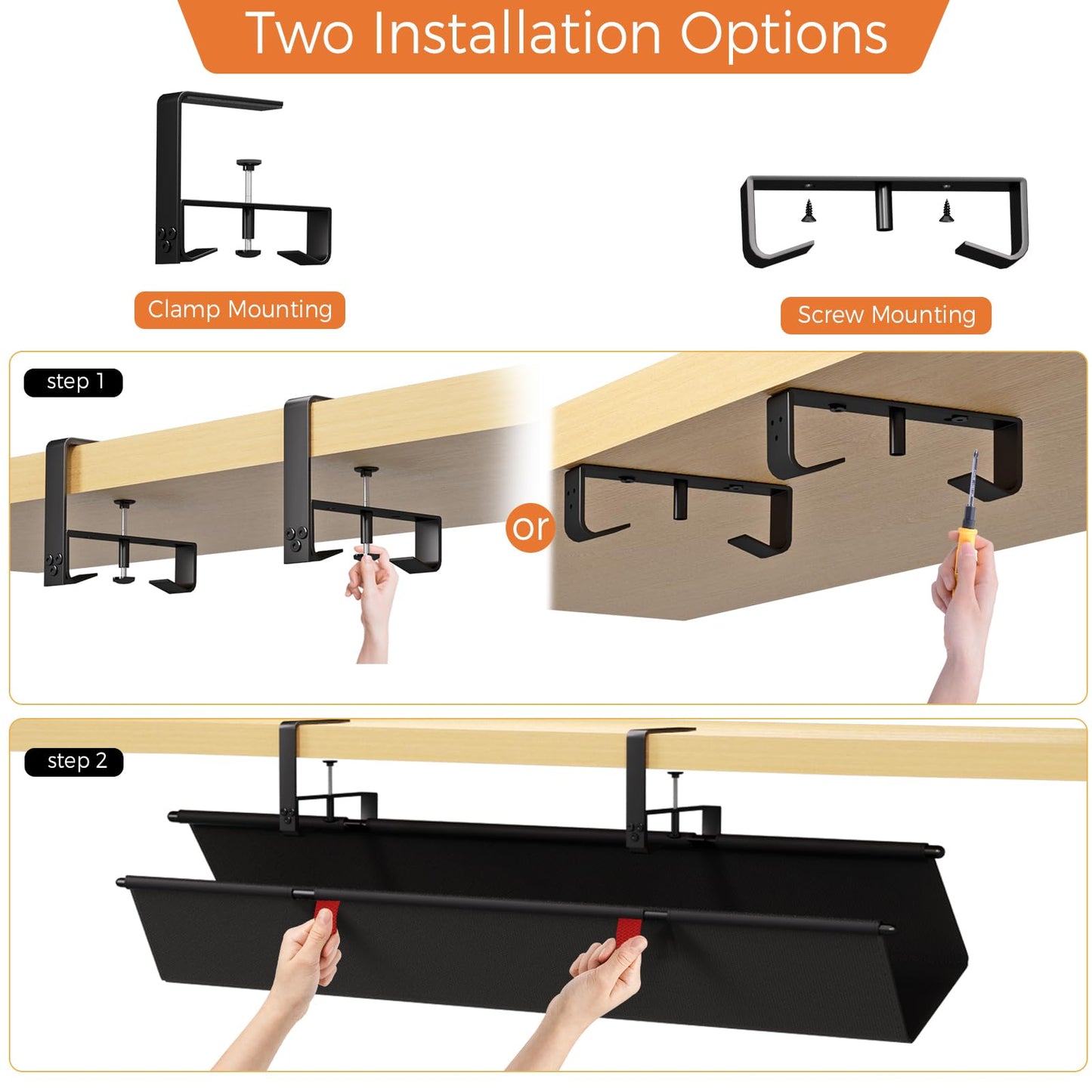 Under Desk Cable Management Tray - 36" Cord Organizer for Desk No Drill, Fabric Under Table Wire Organizer with 16X Cable Ties Hide for Office/Home, Cord Hider Fits Adapters & Sockets, Black