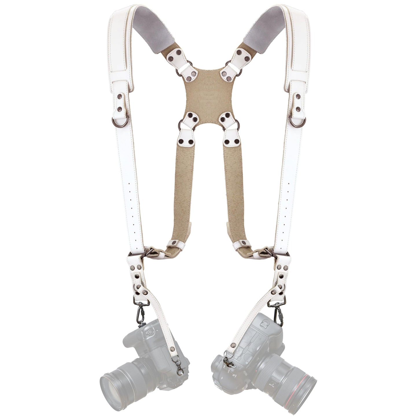 Padwa Lifestyle White Dual Camera Harness for Two Cameras - Wide Strap with Thick Shoulder Padded,Full Grain Leather Double Harness,Multi Camera Gear for DSLR Strap for Photographers