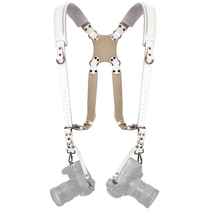 Padwa Lifestyle White Dual Camera Harness for Two Cameras - Wide Strap with Thick Shoulder Padded,Full Grain Leather Double Harness,Multi Camera Gear for DSLR Strap for Photographers