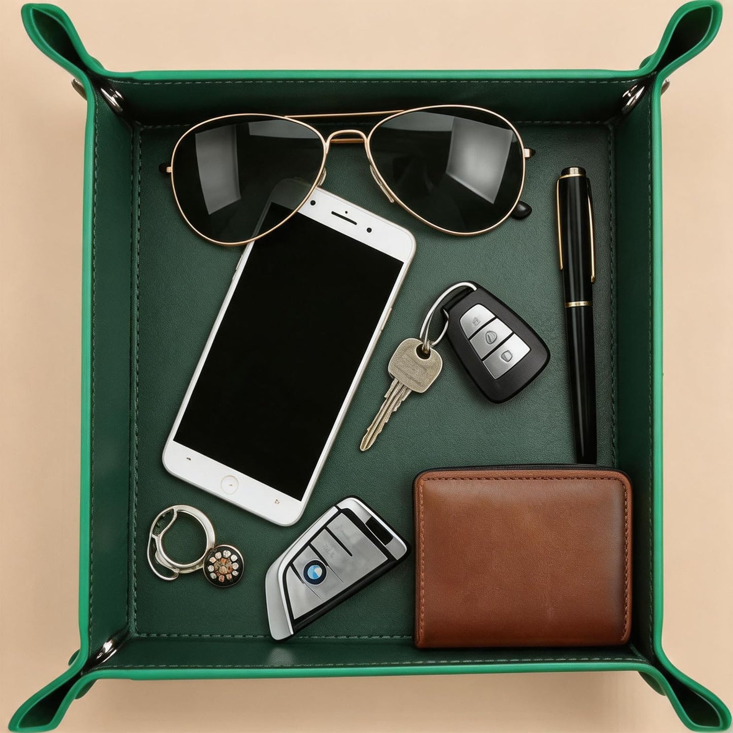 siduater Valet Tray Desktop Storage Organizer – Vegan Leather Catchall Tray Bedside Vanity Tray Nightstand Caddy Holder for Remote Controller, Watch, Keys, Phone, Wallet, Coin, Jewelry, Midnight Green
