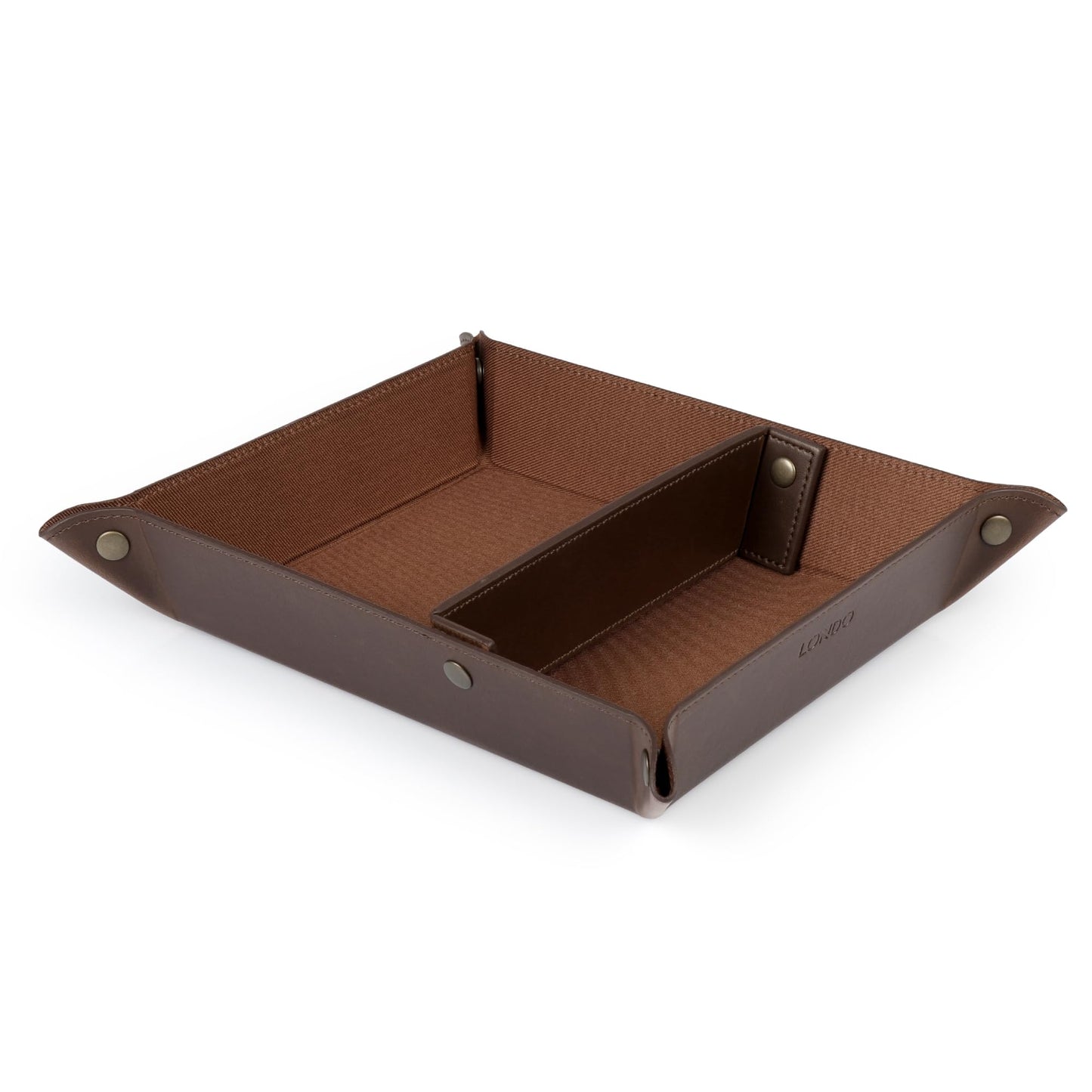 Londo PU Vegan Leather Valet Tray for Men — Catchall EDC for Keys, Wallet, Watch, AirPods — Nightstand & Entryway Tray, Snap Corners Fold Flat for Travel, 9.45 x 7.87 in, Dark Brown