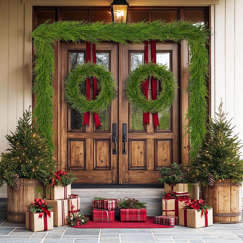 Hollyone 6FT Norfolk Pine Garland Real Touch Winter Pine Garland Faux Christmas Garlands Artificial Greenery Plant for Table Fireplace Mantle Wall Indoor Outdoor Mantle Holiday Christmas Home Decor