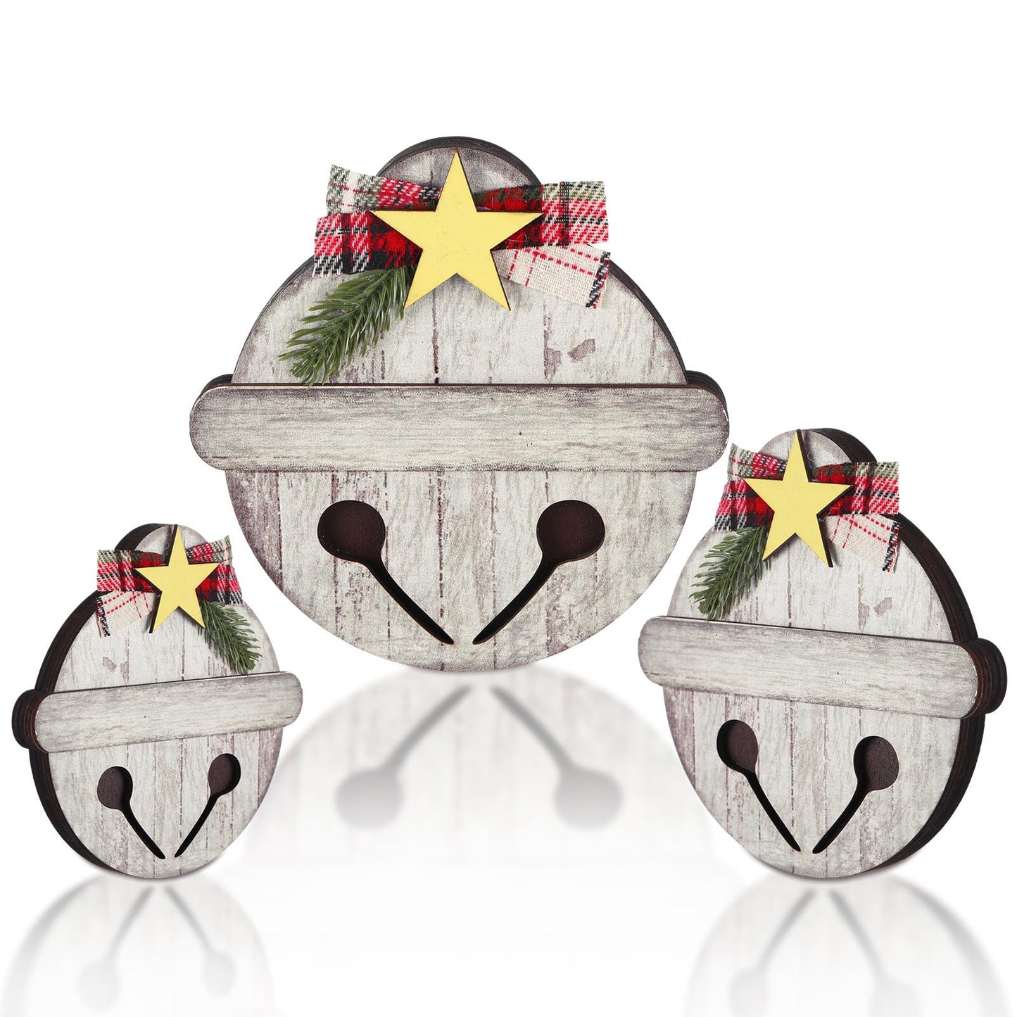 Threehoney 3 Pcs Christmas Wooden Table Decorations Rustic Jingle Bell Wood Sign with Plaid Bow Pine Branches Star Farmhouse Christmas Bell Table Centerpieces for Xmas Party Kitchen Tiered Tray Decor