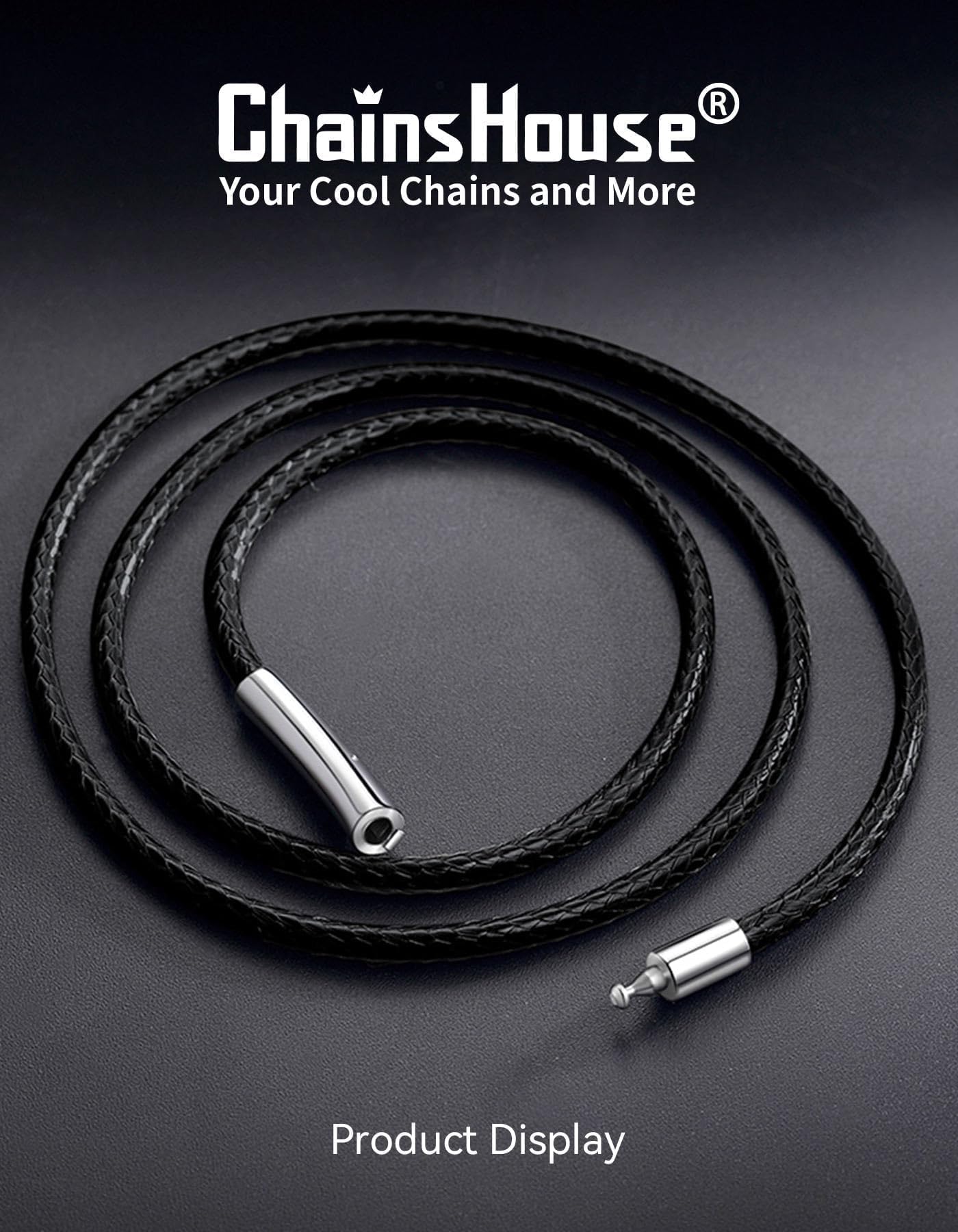 ChainsHouse Mens Leather Necklace, 20 Inches 3MM Black Rope Cord with Stainless Steel Clasp, Waterproof Braided Leather Chain for Pendant Gift Ready