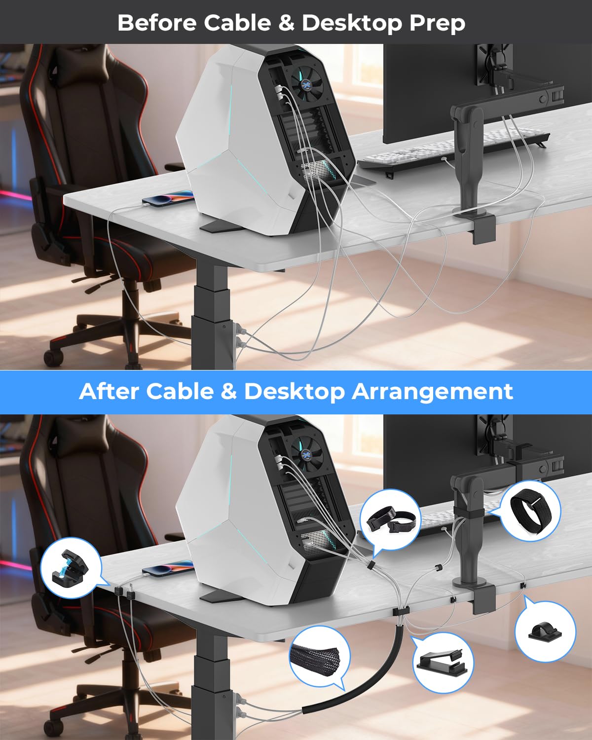 AORUICN Cable Management Organizer Kit, Desk Cable Organizer, Cable Management Under Desk, Wire Management and Cord Organizer for Home, Office, Standing Desk