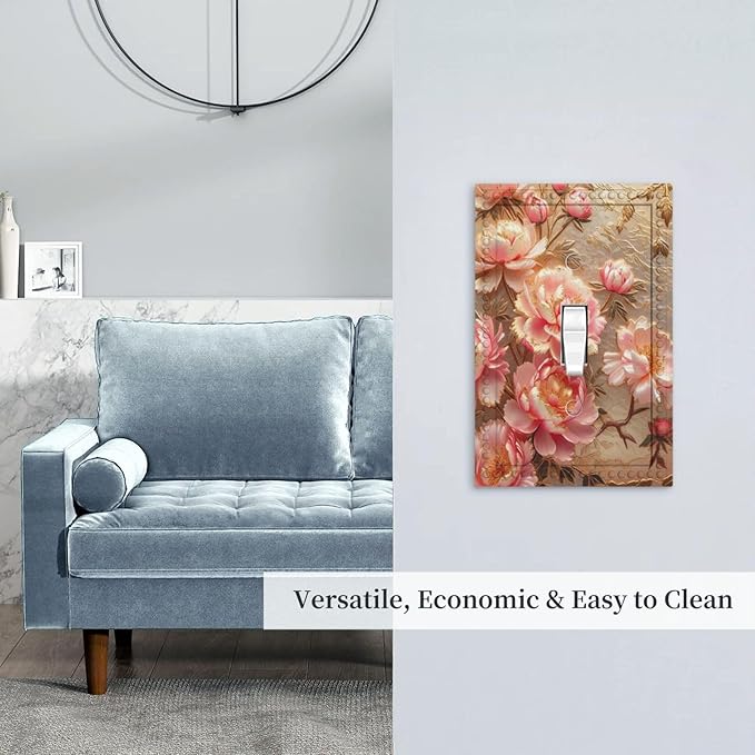 Pink Blooming Flowers Peonies Floral Light Switch Covers 1 Gang Single Toggle Wall Plate Decorative Switchcover Electrical Switchplate for Farmhouse Living Decor