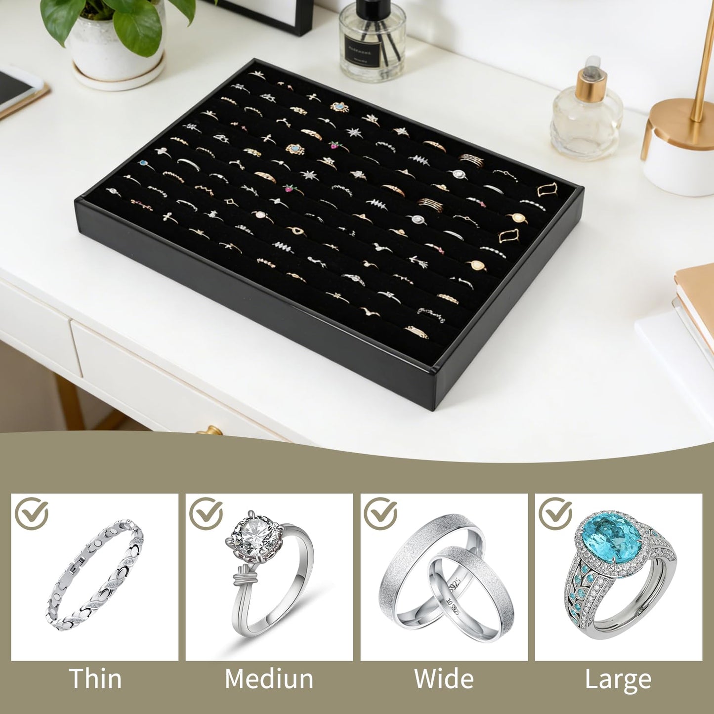 FUPMILPHRANX 4 Pack Velvet Ring Display Tray 100 Slots Stackable Jewelry Organizer Tray Ring Holder Showcase for Rings Earrings Jewelry Storage for Drawer Dresser Store Display