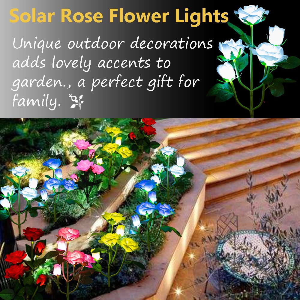 Solar Garden Stake Lights, Rose Flowers Lights LED Solar Stake Lights with 5 Roses Waterproof for Garden, Yard, Christmas Pathway, Grave Decor