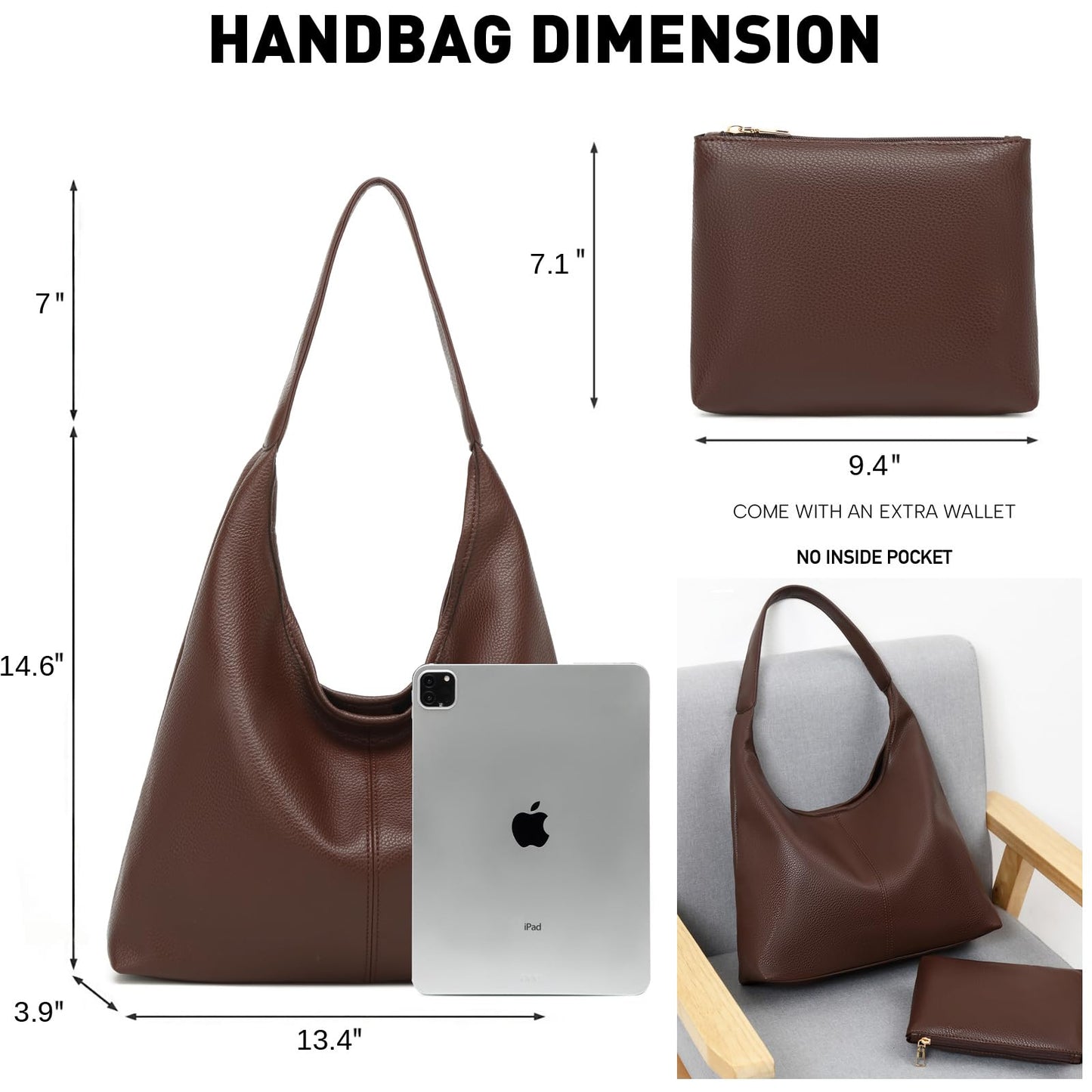 Casual Hobo Bag for Women Soft Shoulder Bags Slouchy Pu Leather Tote Purses for Work Travel