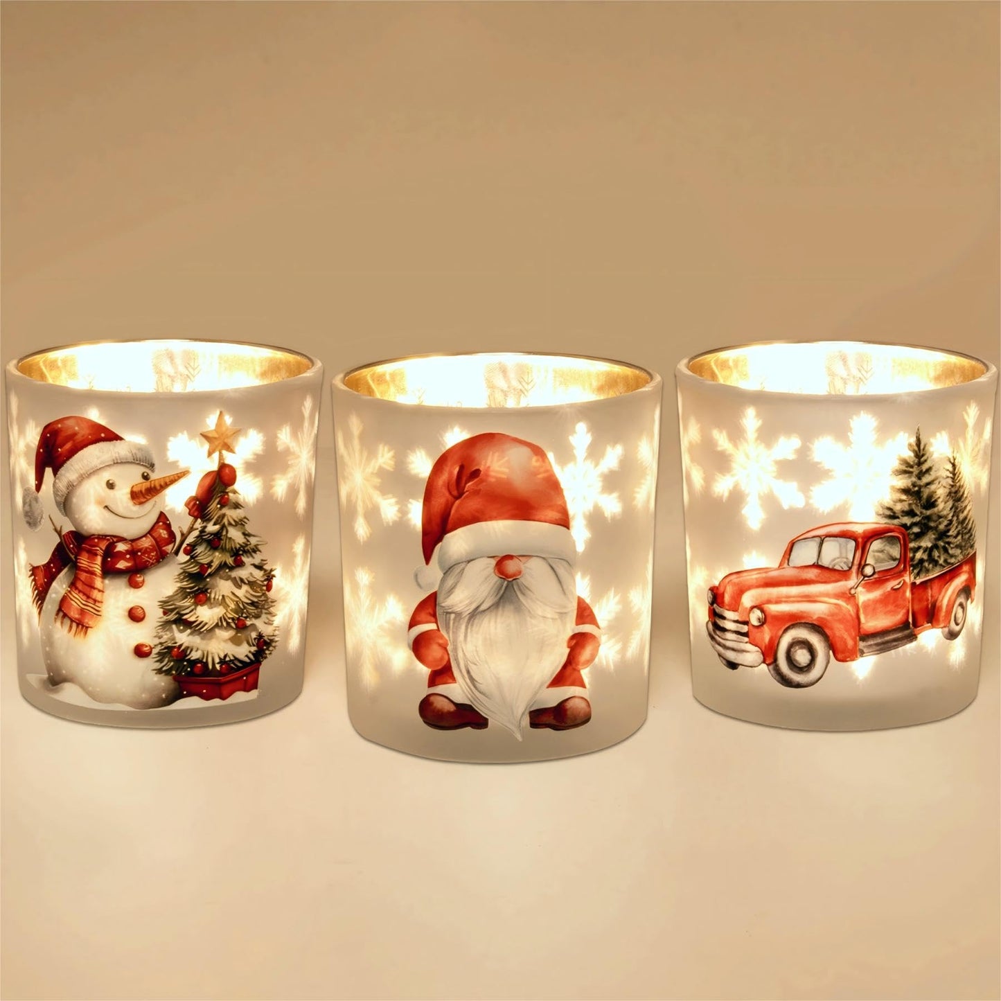 Christmas Votive Candle Holders, Set of 3 White Gold Red Glass Candle Holder for Christmas Table Centerpieces, Xmas Tea Light Holders with Gnomes Truck Snowman for New Year Holiday Party Decor