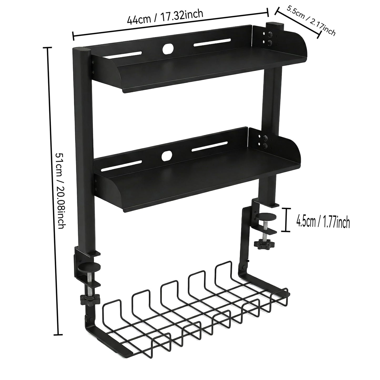 Clamp On Desk Shelf, 17'' 2-Tier Desktop Organizer Shelf with Under-Desk Hidden Storage Basket, Heavy-Duty Desk Shelves for Top of Desk, Space-Saving Desk Storage for Home Office Gaming Setup (Black)