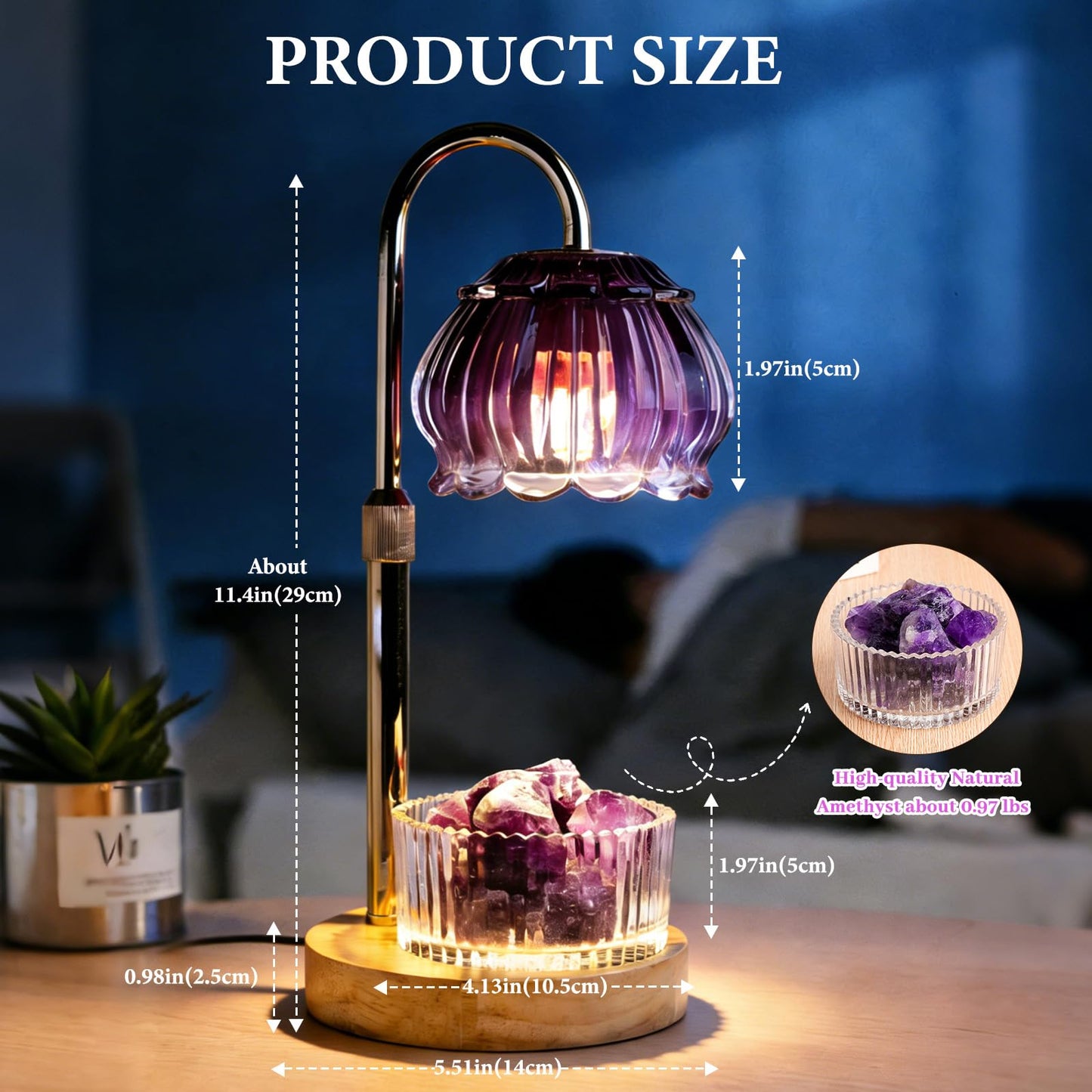 Candle Warmer Lamp with Dimmer & Timer, Adjustable Brightness & Temperature, 2/4/6H Timed, Natural Amethyst Crystals Essential Oil Diffuser & Melting Lamp for Scented Wax Melts, Home Decorative Gift