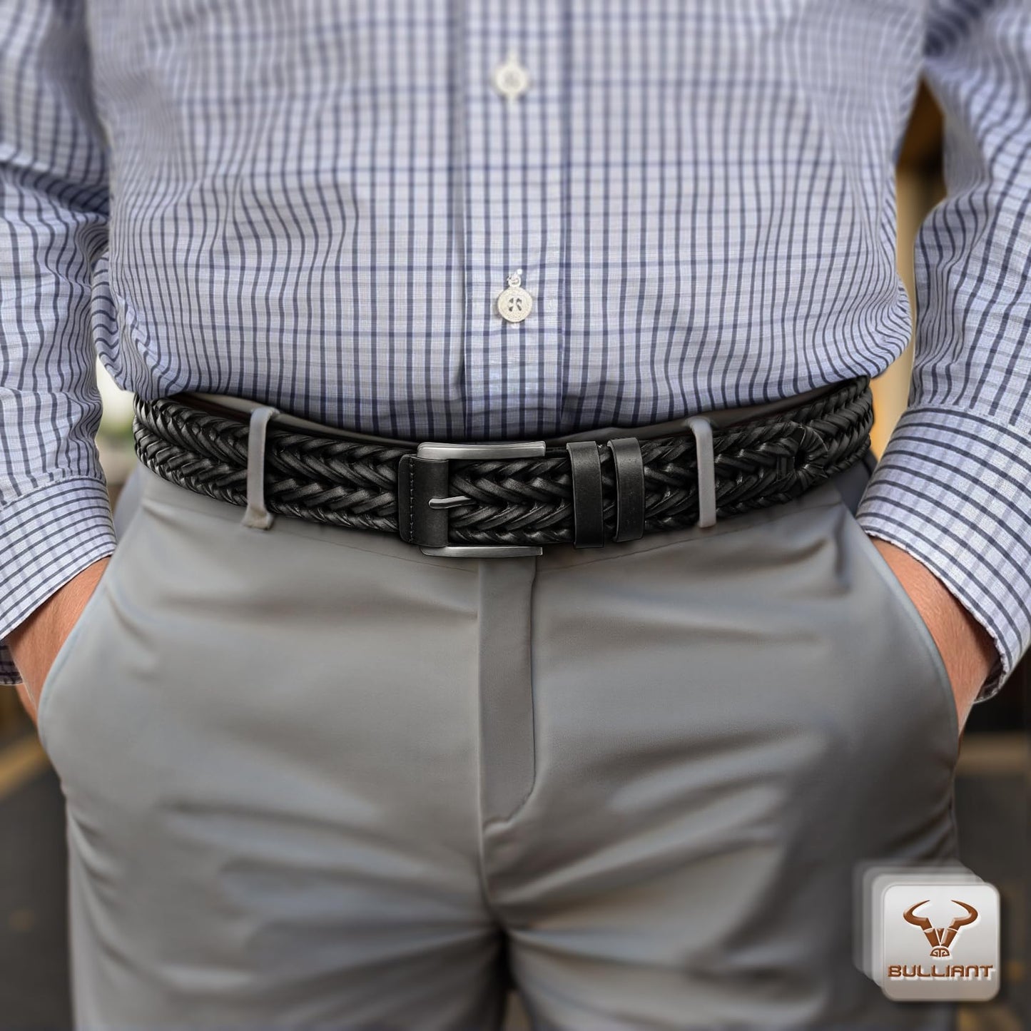 BULLIANT Men Belt, Braided Leather Belt Adjustable For Men Casual Jeans Golf 1 3/8"(Black/Blue,26"-30" Waist Adjustable)