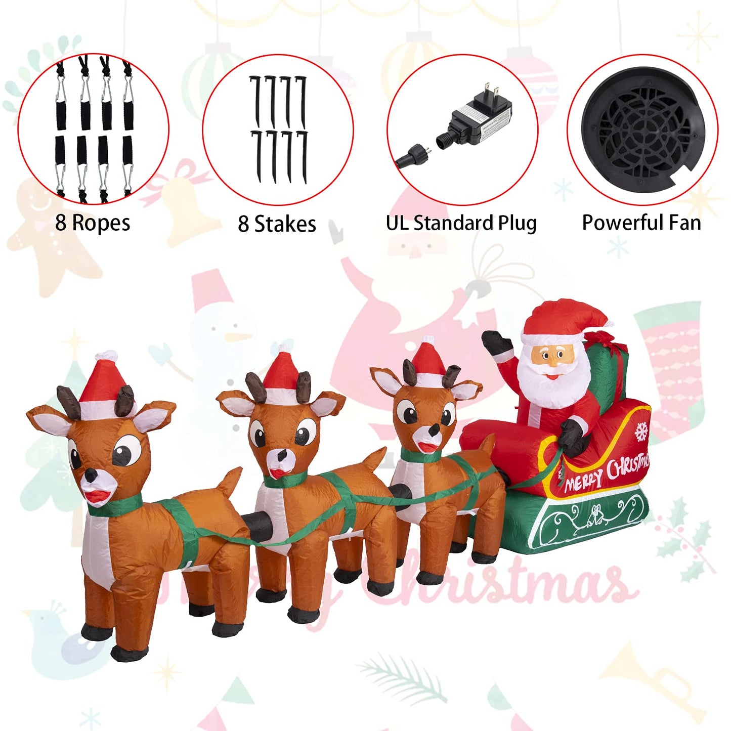 8FT Christmas Inflatables Outdoor Decoration Christmas Blow Up Yard Decorations Inflatable Santa Claus on Sleigh with Reindeers Outdoor Indoor Holiday Lawn Yard Decor