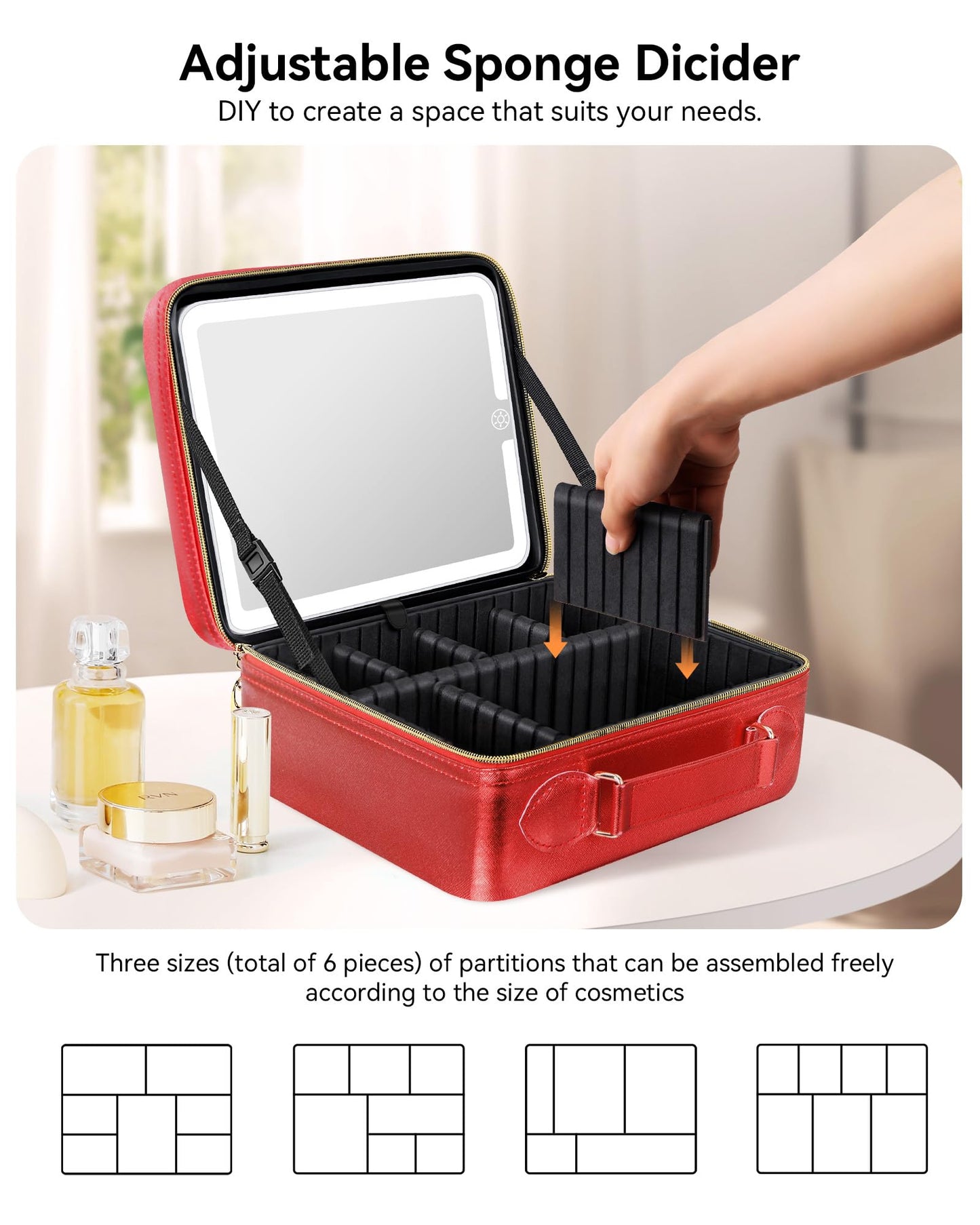 JUSRON Travel Makeup Bag With LED Mirror, Cosmetic Train Case with Light up Mirror, Portable Makeup Artist Organizer Bag with Adjustable Dividers, Makeup Brush Holder Storage (Red, Large)