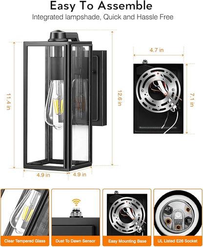 VIANIS Outdoor Wall Light Fixtures,Dusk to Dawn Outdoor Wall Lanterns,Anti-Rust Wall Mounted Lighting with Glass Shade, Black Wall Lamp with E26 Socket for Porch, 2 Pack