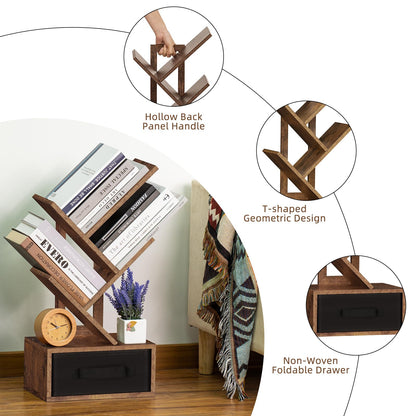 SHEEPAM Small Bookshelf with Drawer,4 Tier Tree Book Shelf,Wood Desk Bookshelves,Modern Free Standing Desktop Display Shelves,Brown Floor Standing Organizer Bookcase for Living Room,Bedroom,Office