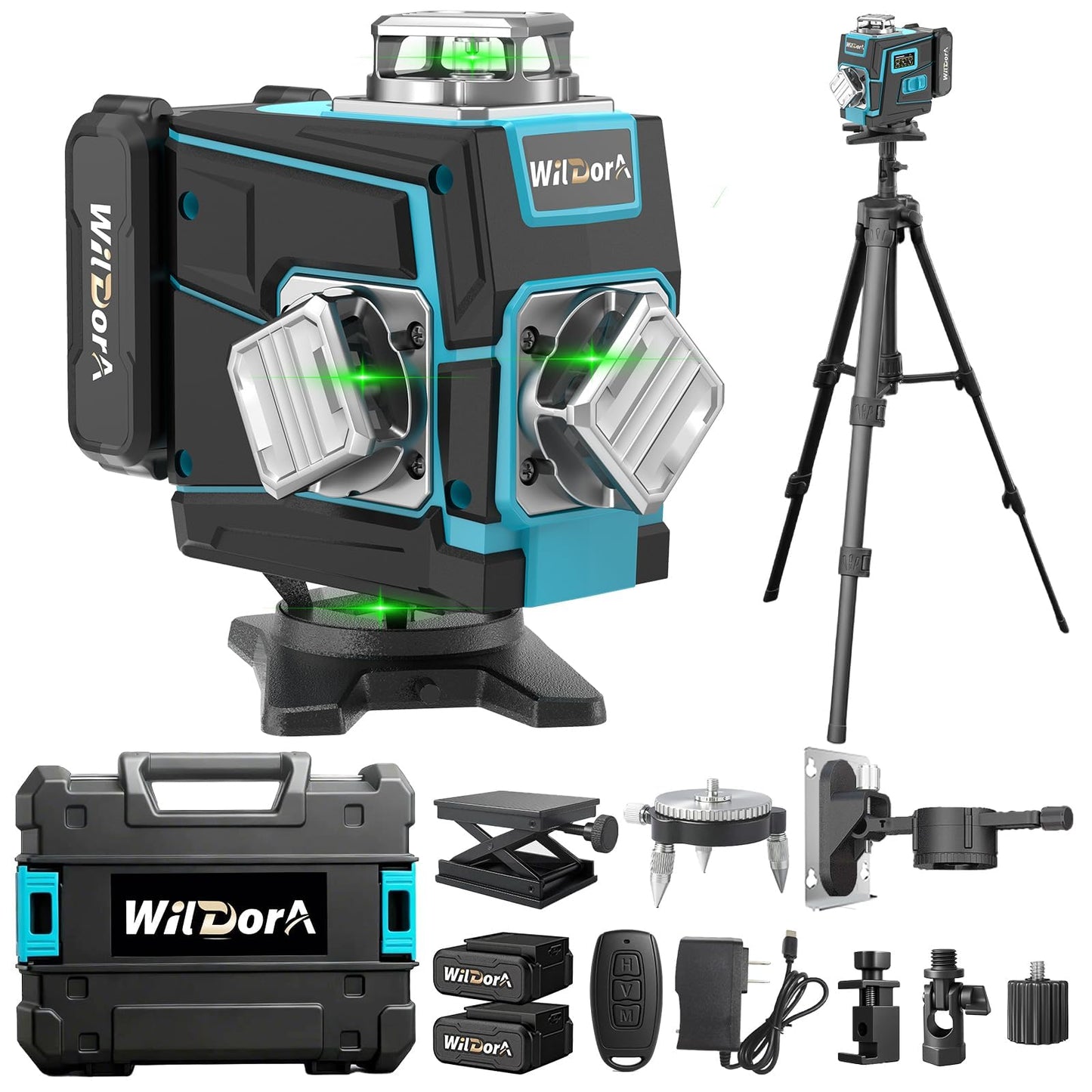 Wildora Laser Level with Tripod, 4x360° Self Leveling ±4° Laser Level, Remote Control 4D Green 16 Line Laser Leveler Tool for Woodworking&Renovation, with 2x4800mAh Li-ion Batteries&Hard Carry Case