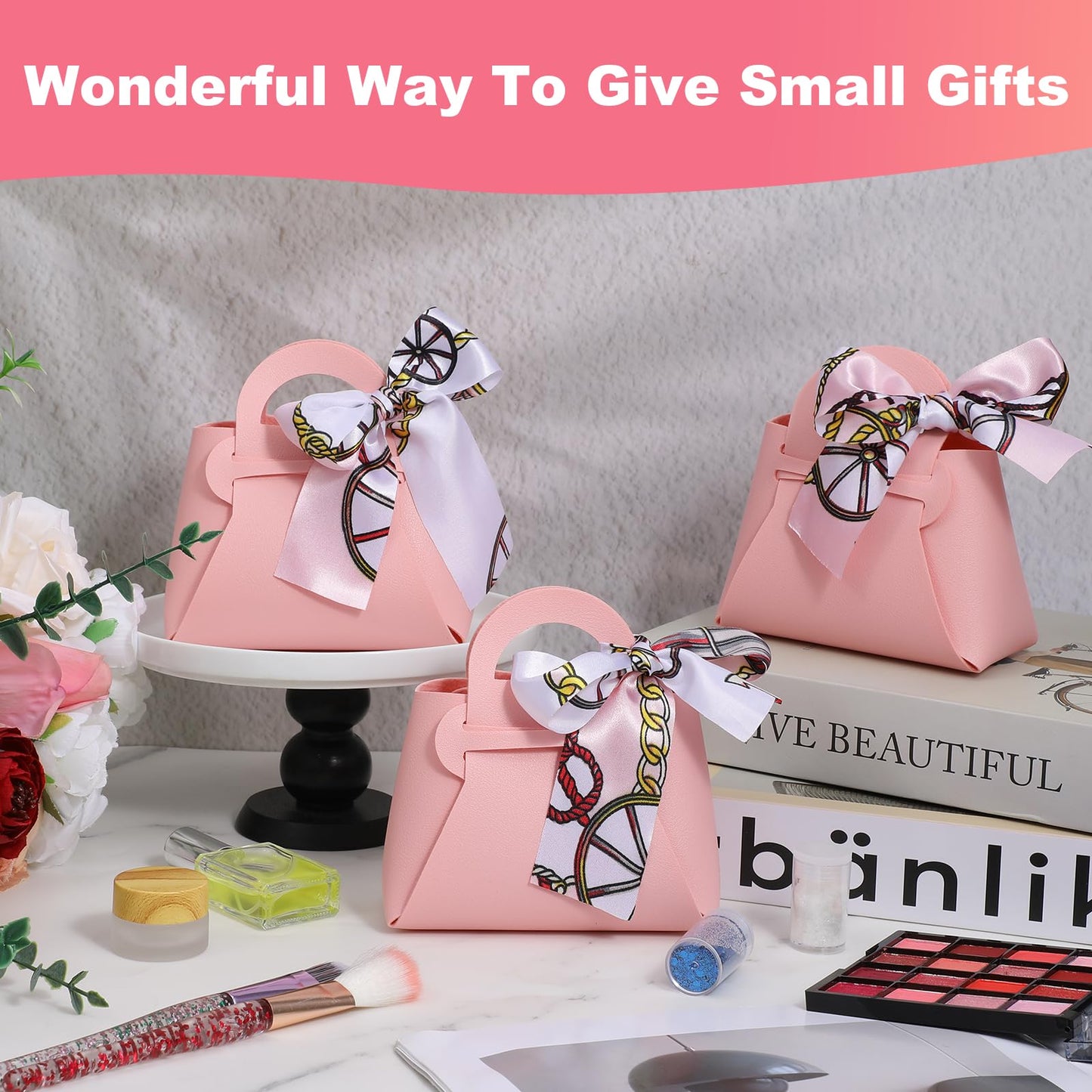 Douaowoc 36 Pcs PU Leather Purse Gift Bags with Handles Ribbon Purse Party Favor Bags for Baby Showers Birthday Wedding Candy (Pink)