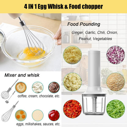 4-in-1 Electric Hand Mixer, Electric Whisk, Mini Onion Chopper 10Oz, Small Cordless Hand Blender, Milk Frother Wand for Coffee, Matcha, 4 Speed Rechargeable Food Processor for Baby Food Maker
