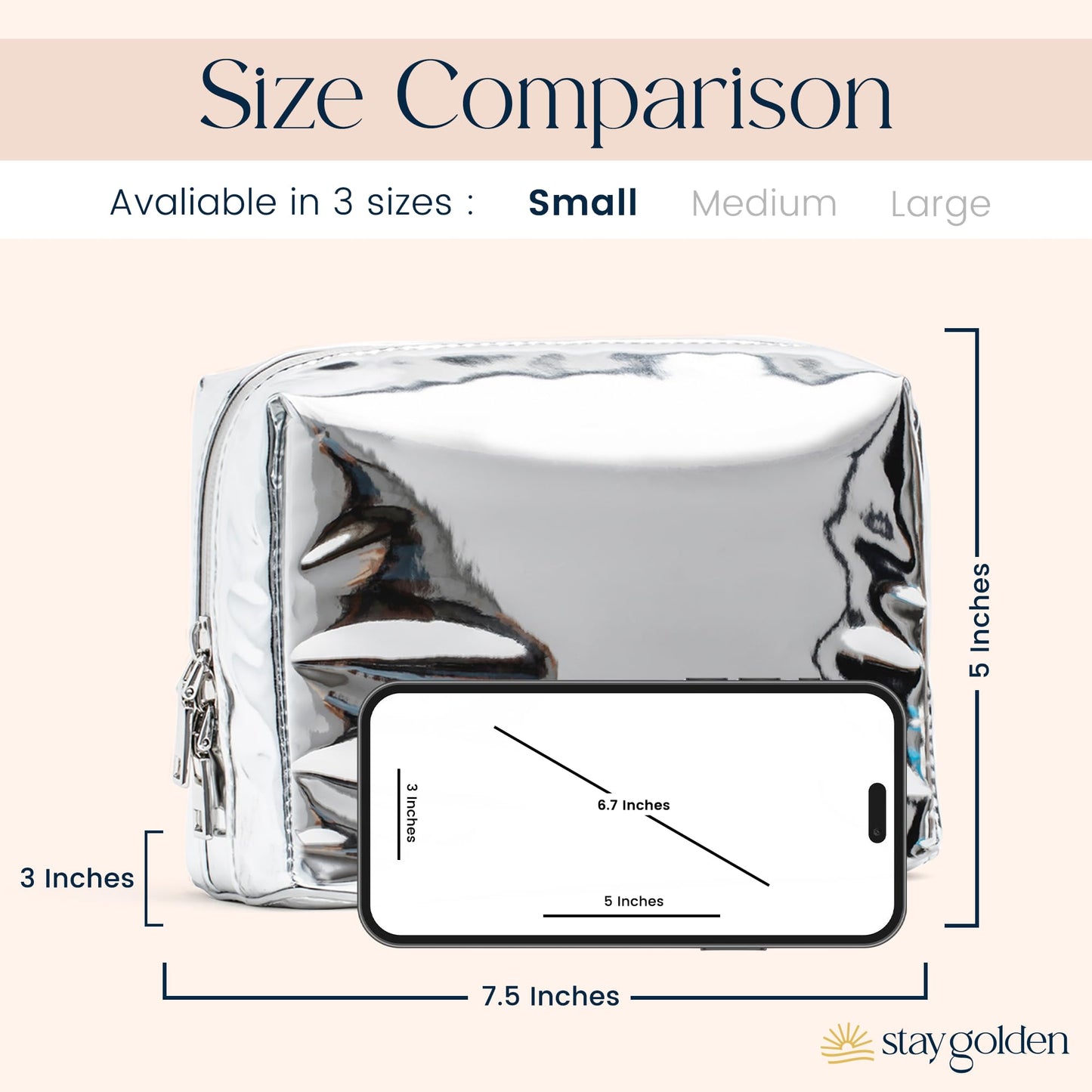 Stay Golden Metallic Silver Insulated Waterproof Makeup Bag for Women Heat-Resistant Travel Cosmetic & Toiletry Bag | Luxurious Vegan Leather Portable Makeup Organizer - Small