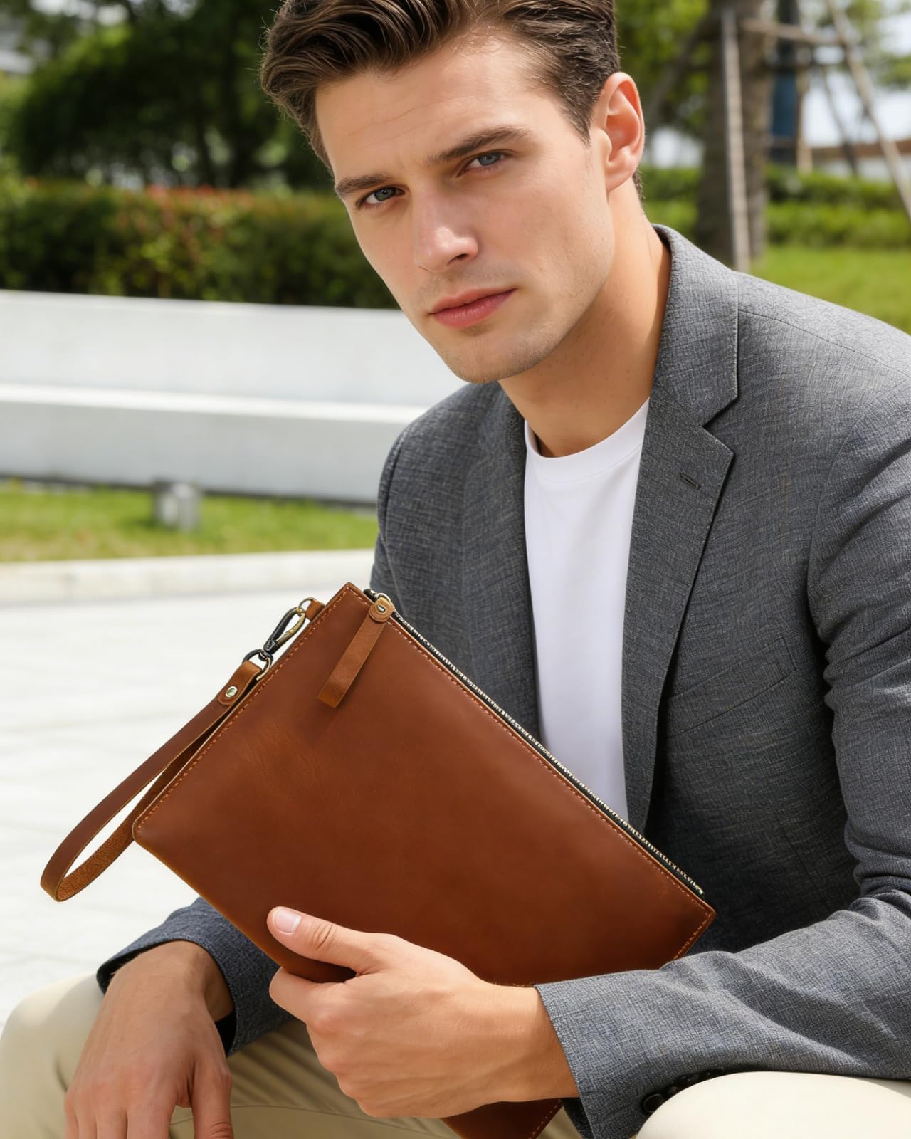 Inkfew Genuine Leather Wristlet for Women and Men, Leather Clutch Business Briefcase Tablet Sleeve Bag with Zip Closure