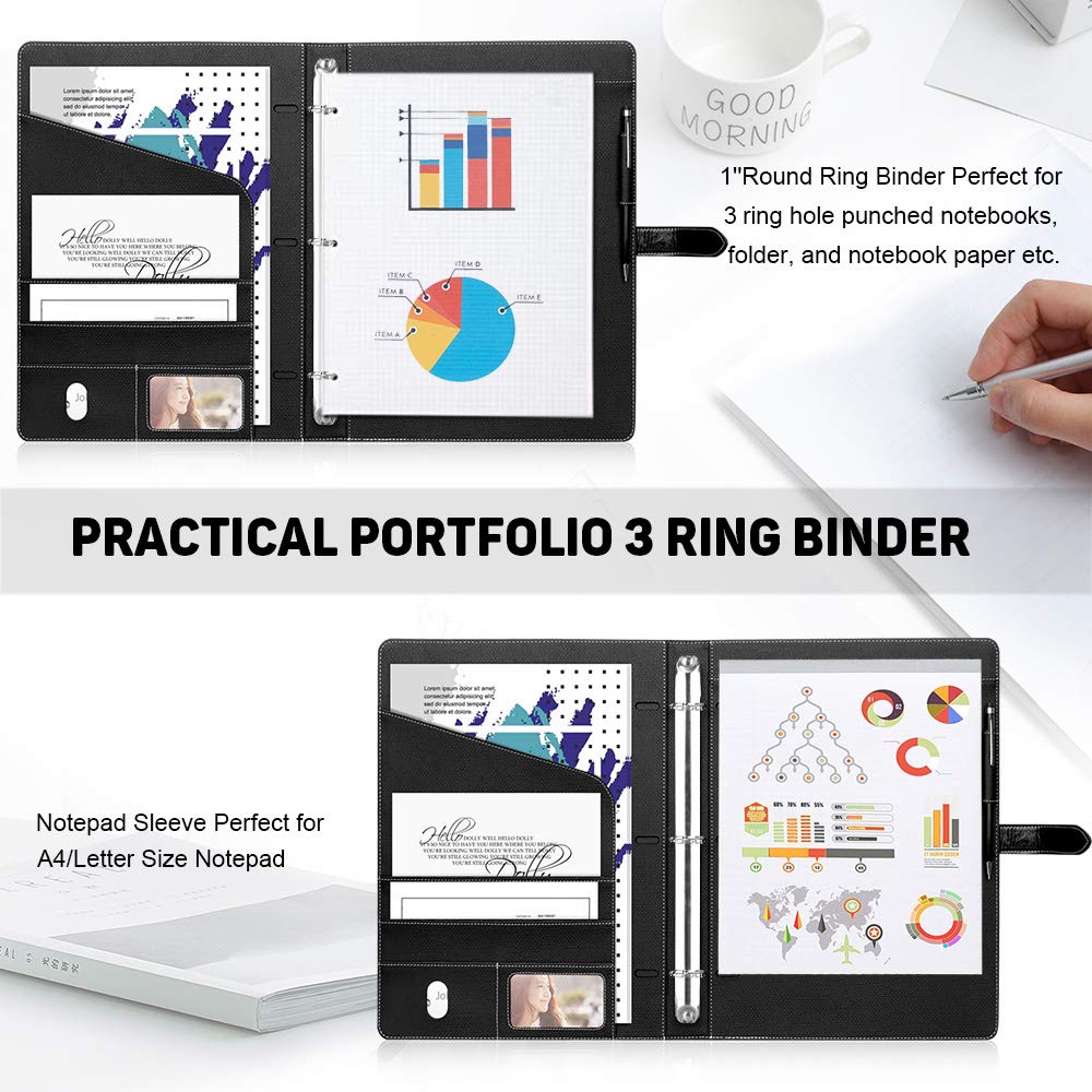 Toplive Padfolio 3 Ring Binder Organizer Business Portfolio Folder for Women, A4/ Letter Size PU Leather Professional Portfolio Padfolio for Interview Conference Presentation, Black