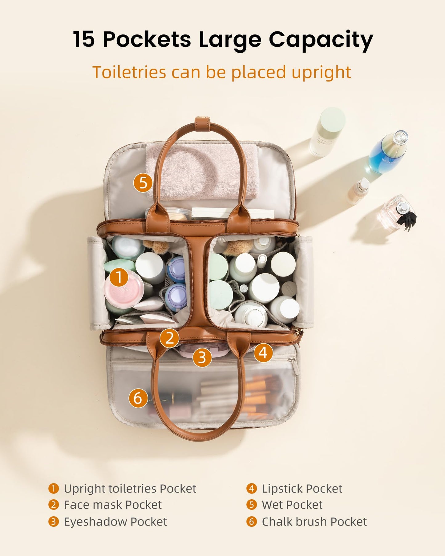 LOVEVOOK Travel Toiletry Bag for women, Leather Large Wide-open Makeup Bag, Waterproof Cosmetic Bag Organizer for Shower, Traveling, Toiletries, Bathroom