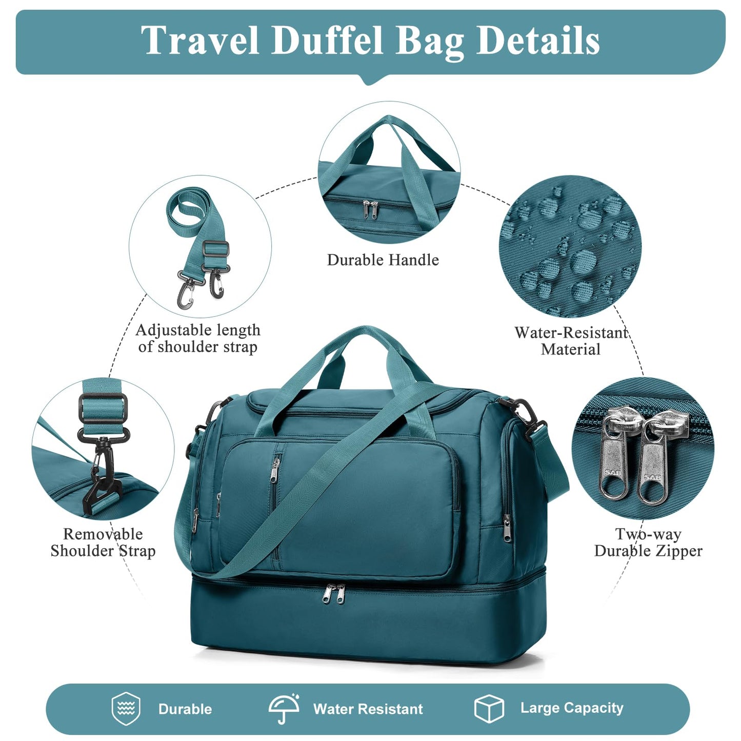 Travel Duffle Bag, Weekender Bags for Women,Carry On Overnight Personal Item Travel Bag with Shoes Compartment,Peacock Blue