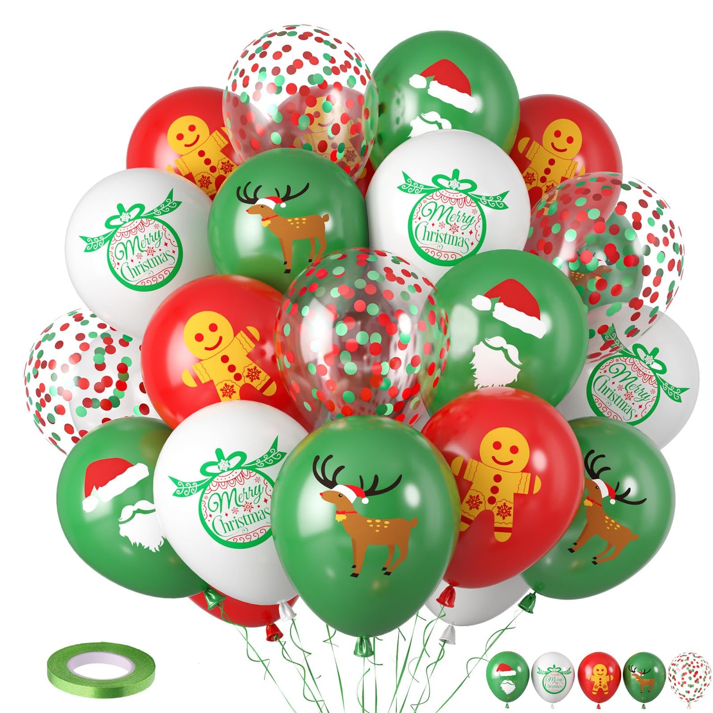 Saxuxu Christmas Balloons, 12 Inch Xmas Print Balloons, Red Green Confetti Latex Balloon Green Red White Gingerbread Man Bell Elk Santa Claus Printed Balloon for New Year Christmas Party Decorations