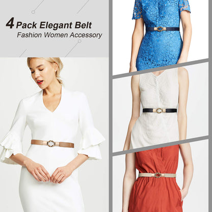 WERFORU Women Skinny Belt for Dresses Retro Stretch Waist Belt with Gold Buckle Set of 4,Black+Brown+Blue+Beige