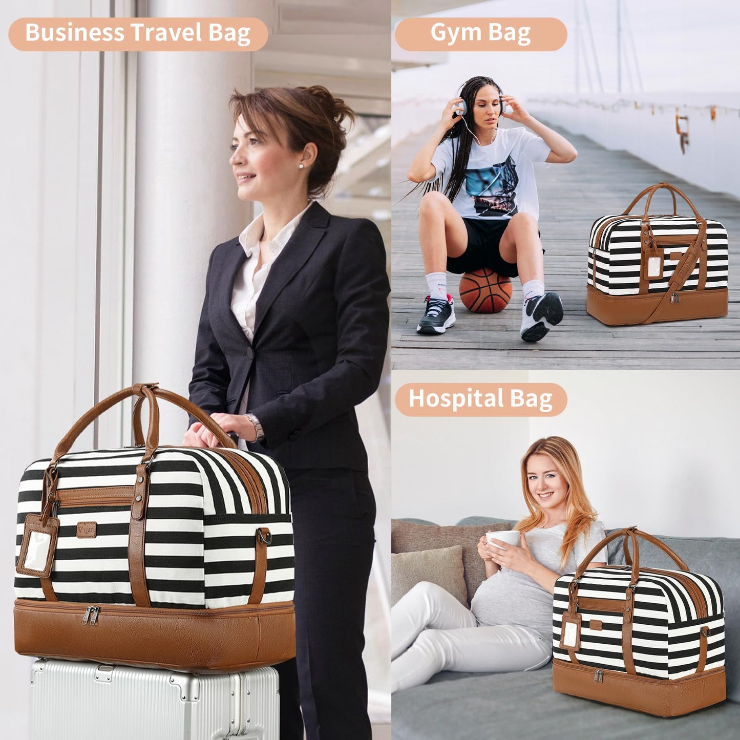 Wogarl 4PCS Weekender Bags for Women Large Overnight Bag Weekend Travel Duffel Bag Carry on Shoulder with Shoe Compartment Canvas Toiletry Bag for Travel Business Gym(Wide Black White-CH)