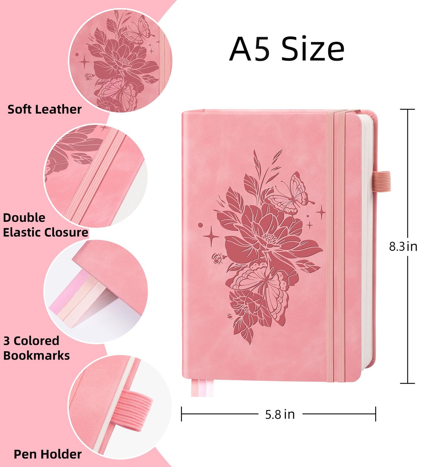Lined Journal Notebook 365 Pages, A5 Leather Journals for Writing Women & Men, Hardcover Notebook with 100GSM Thick Paper, Daily Journal Notebook for Travel, Work, School, Note Taking, College Ruled