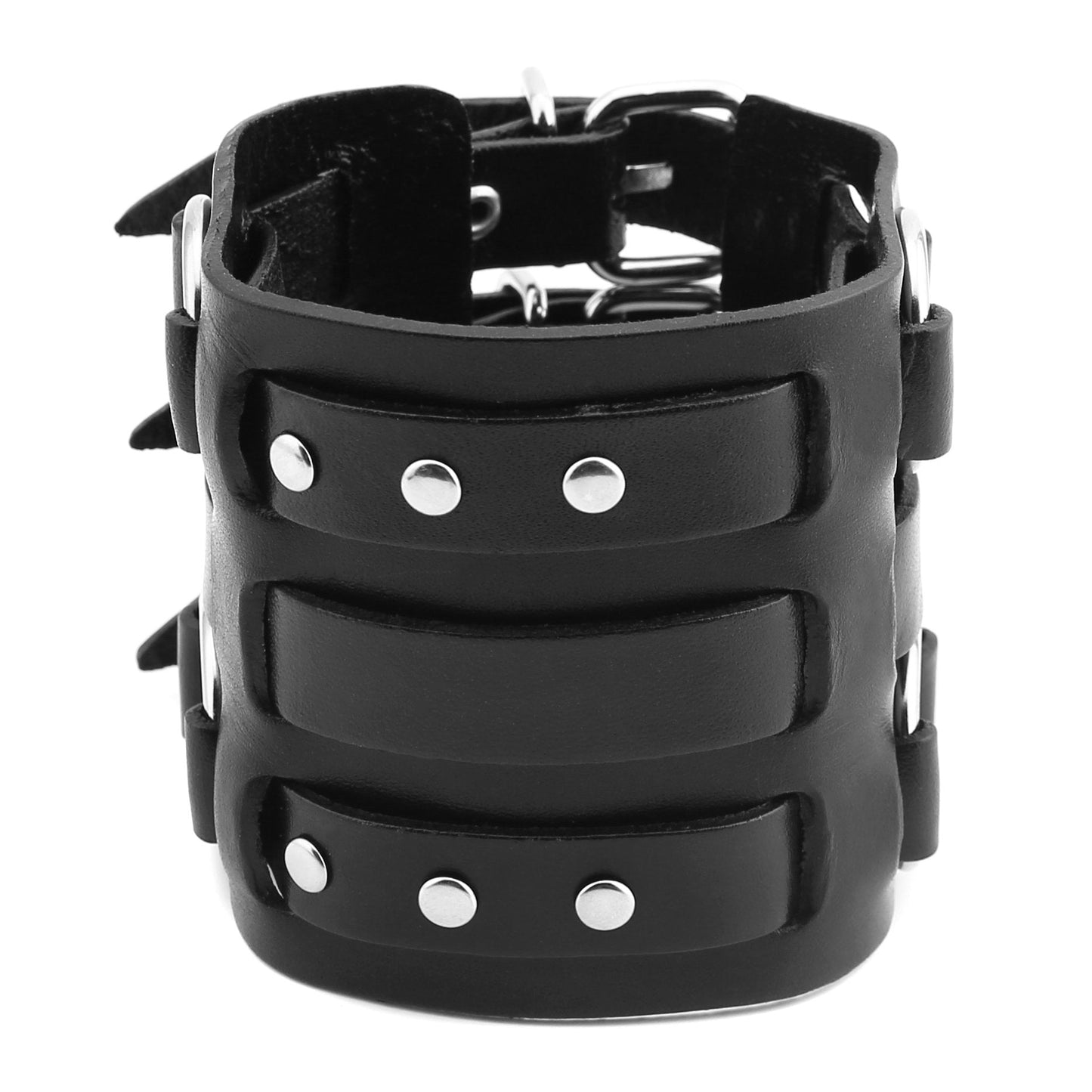HZMAN Men's Alloy Ring Genuine Leather Bracelet Bangle Cuff Silver Tone Adjustable (Black)