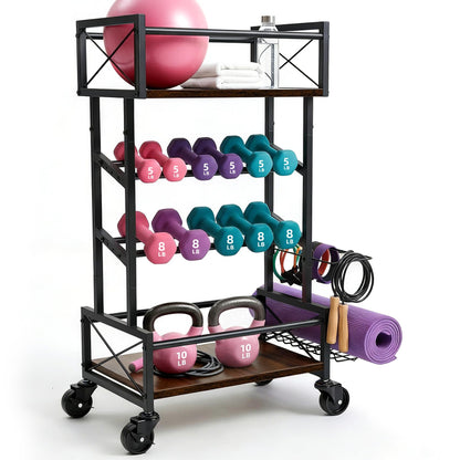 4 Tier Home Gym Storage Rack with Wheels, Yoga Mat Rack Small Dumbbell Weight Rack, Multi-Functional Wood Metal Gym Equipment Storage Rack Workout Cart for Women Kettlebell Fitness Organizer